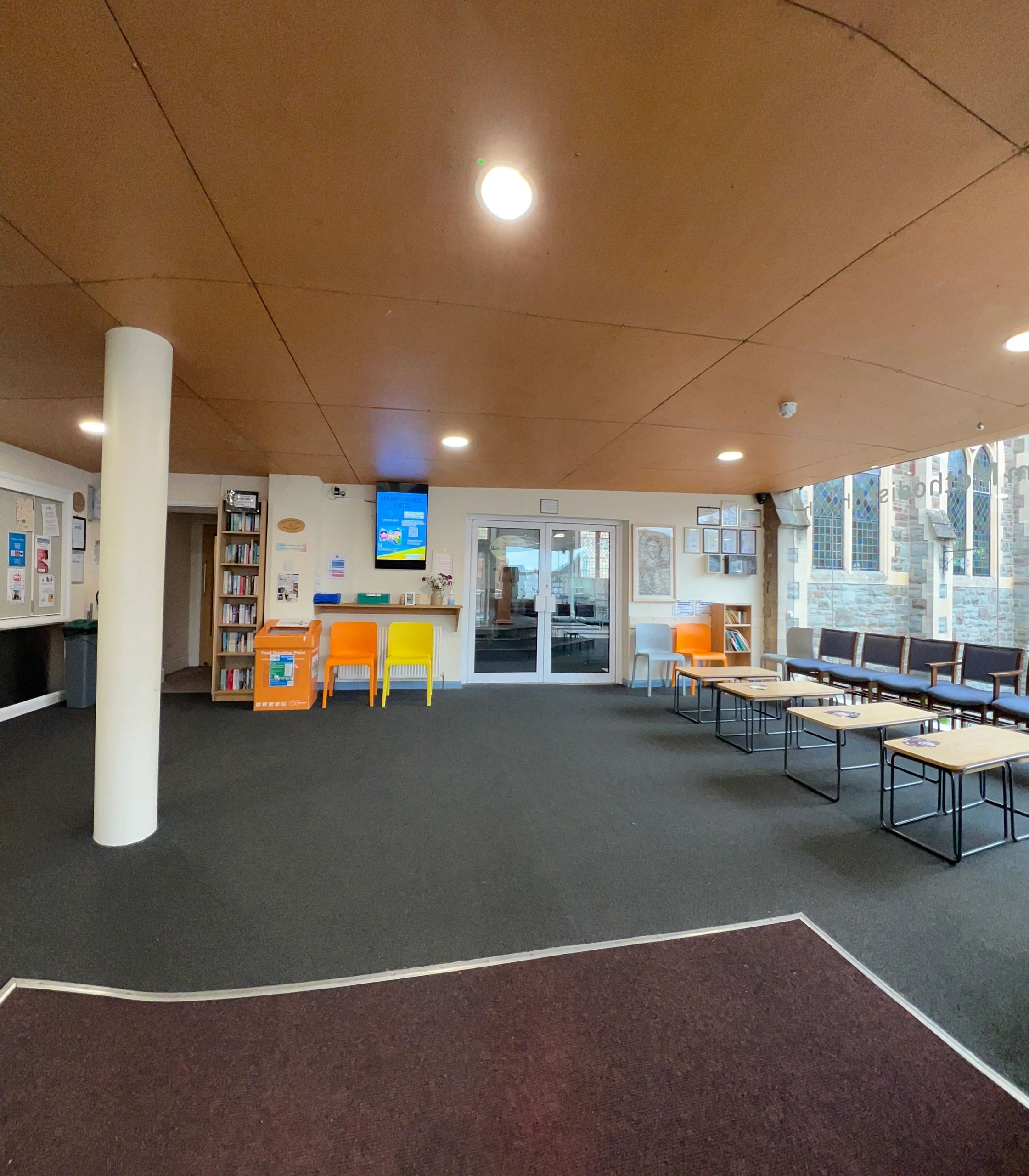 Entrance and lobby area of a public venue after cleaning